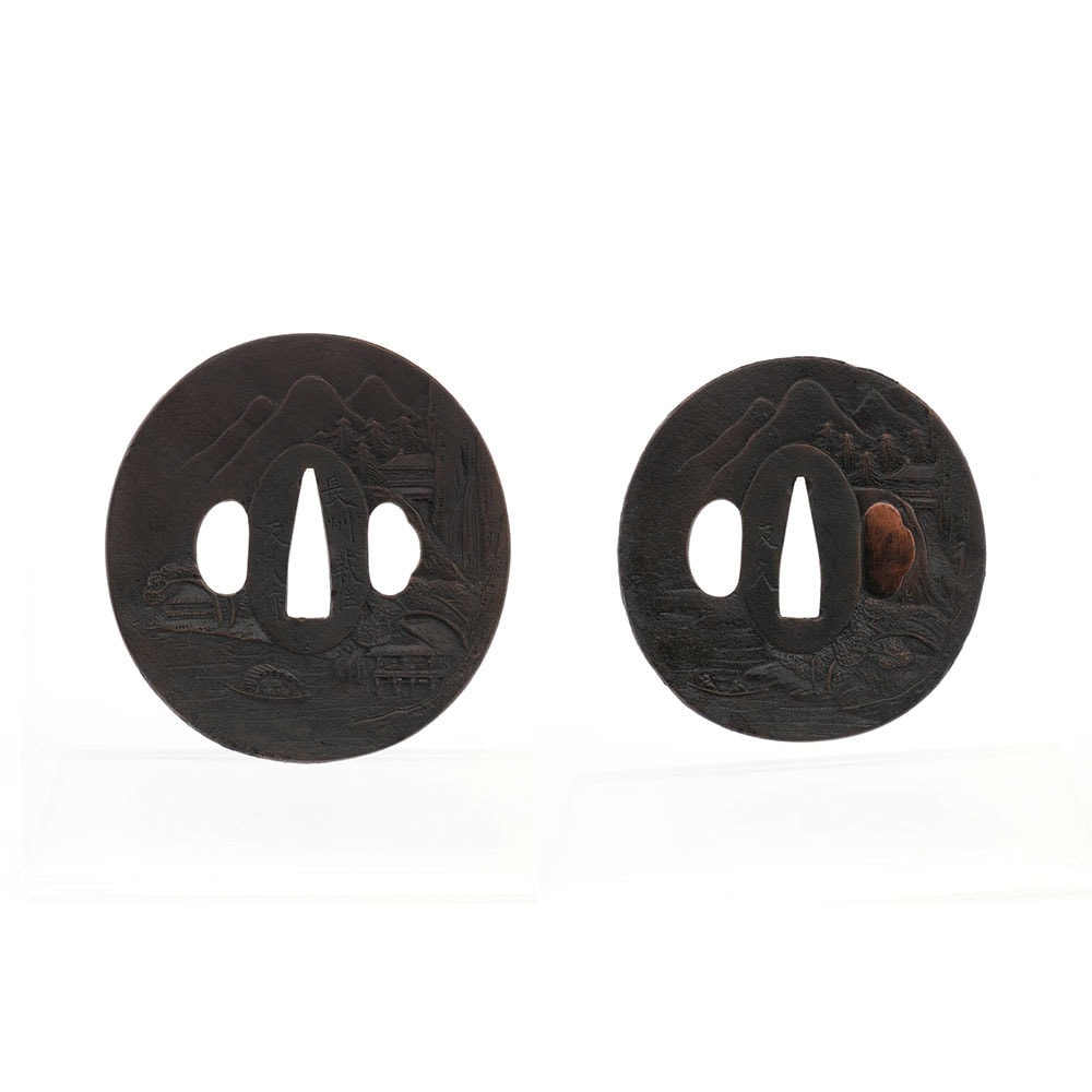 Tsuba - by Choshu School - Sansui-zu Daisho Tsuba (Large) by Choshu Hagi ju Tomohisa, (Small) by Tomohisa