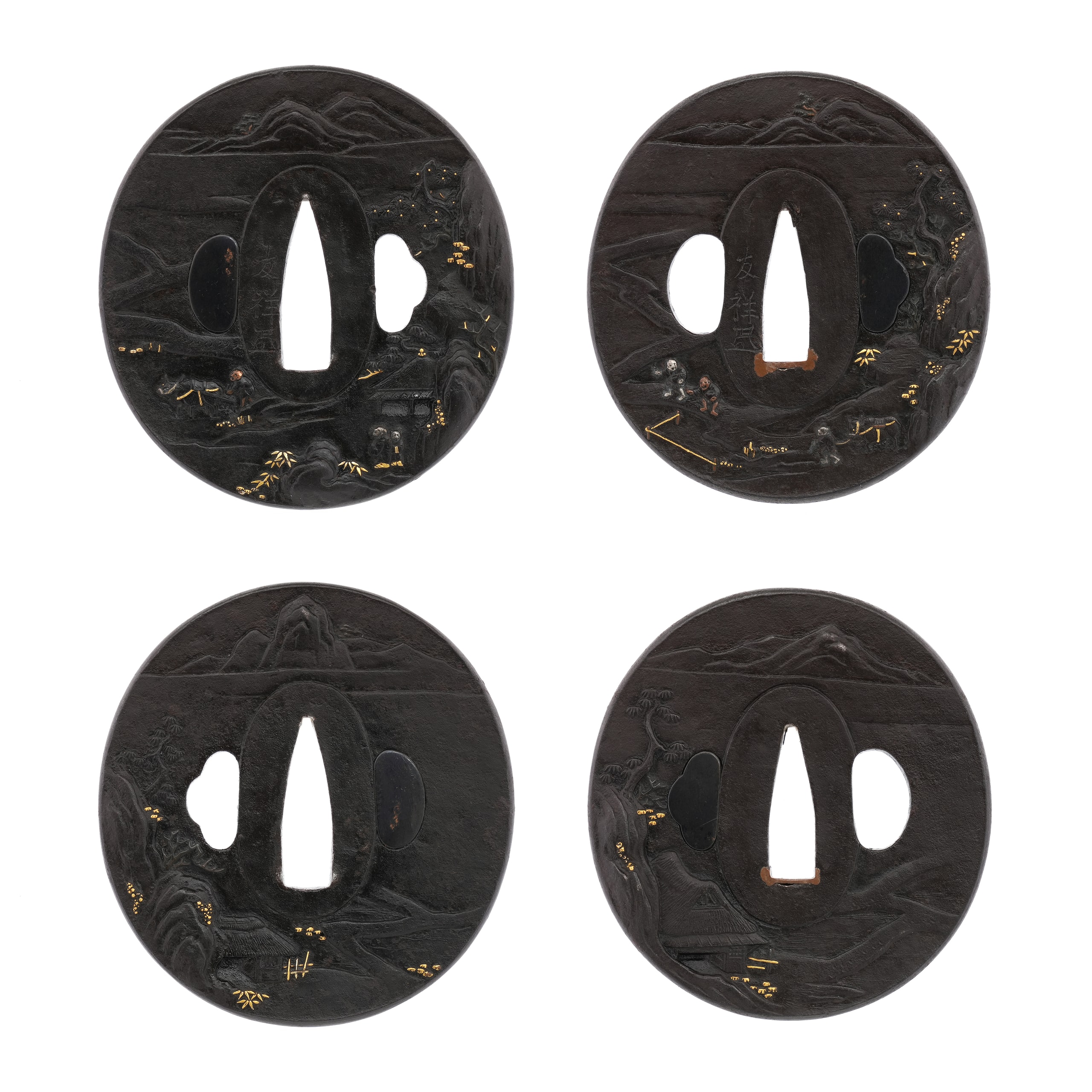 Tsuba - Tokuho - by Choshu School - Tsuba Daisho Set with Seed Sowing and Farming Scene by Tomoyoshi (with Kao)