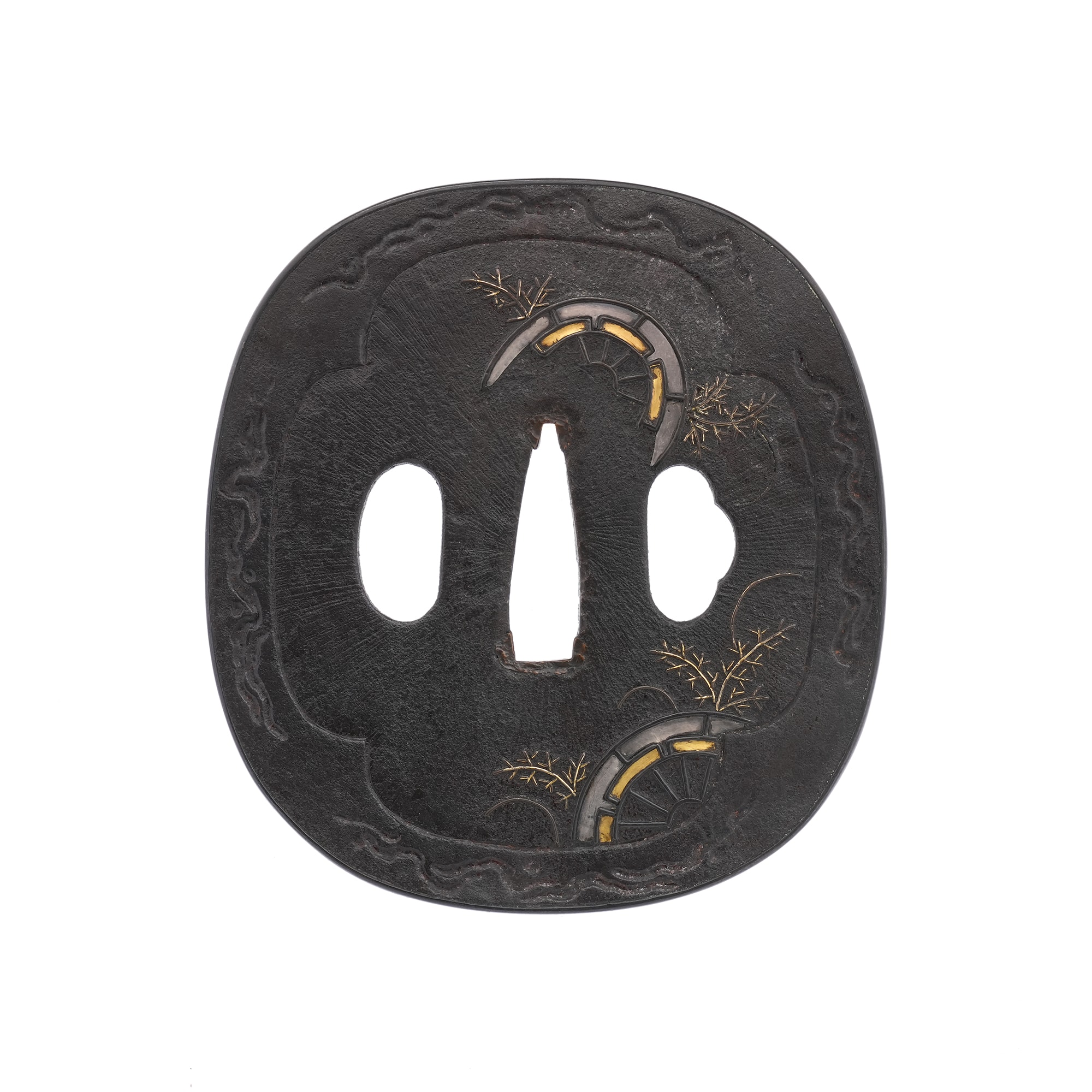Tsuba - Hozon - Tsuba with Grass and Genji-guruma Design, Mumei (Aizu Shoami)