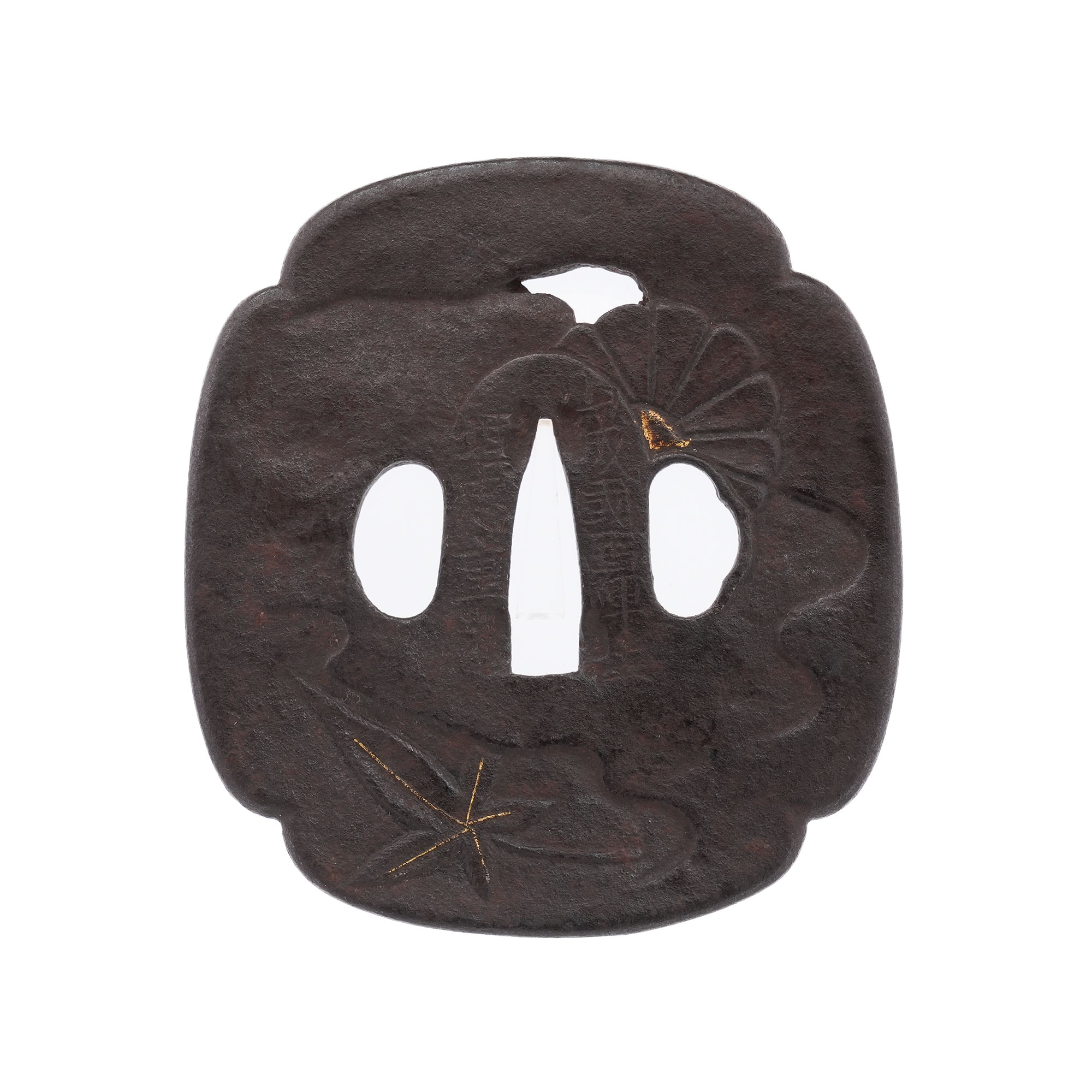 Tsuba - Hozon - by Heianjo-Zogan Shigemitsu - Tsuba with Chrysanthemum and Maple Design: Yamashiro no Kuni Nishijin ju Umetada Shigemitsu