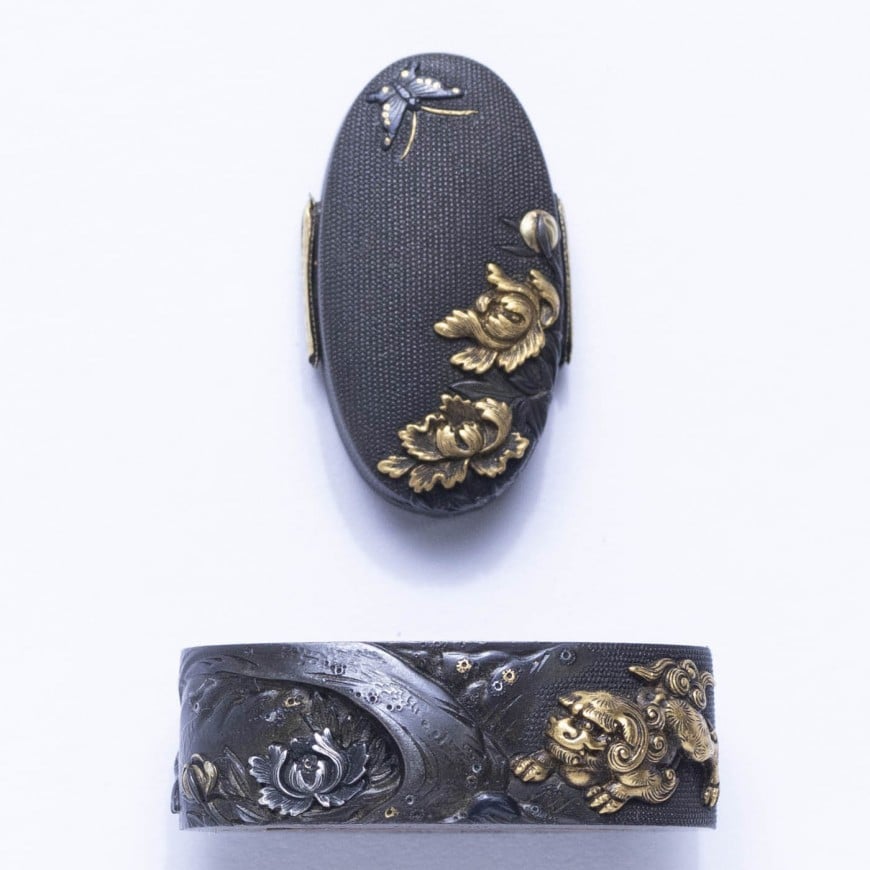 Fuchi-Kashira - Hozon - by Ichinomiya Sadanaka - Fuchi-Kashira: Banryuken Sadanaka (Kao) - Lion, Peony, and Butterfly Design