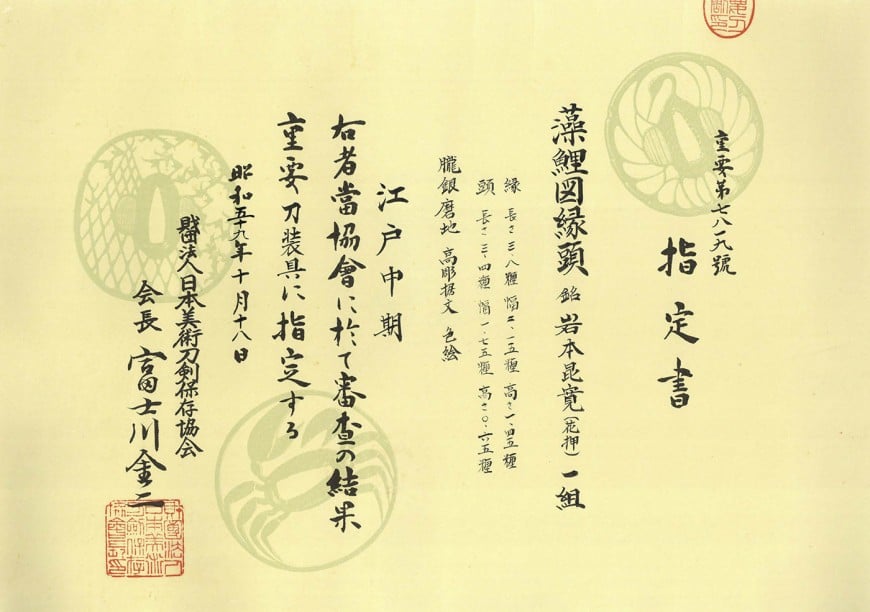 縁頭 岩本昆寛(花押) 藻鯉図