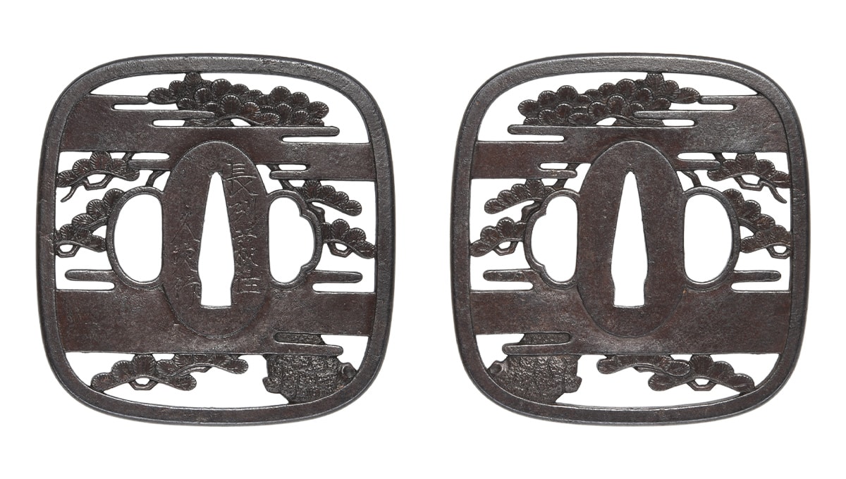 Tsuba - Tokuho - by Choshu School - Choshu Hisatsugu, Kasumi-Matsunoki-Sukashi-Tsuba (Mist and Pine Tree Openwork)