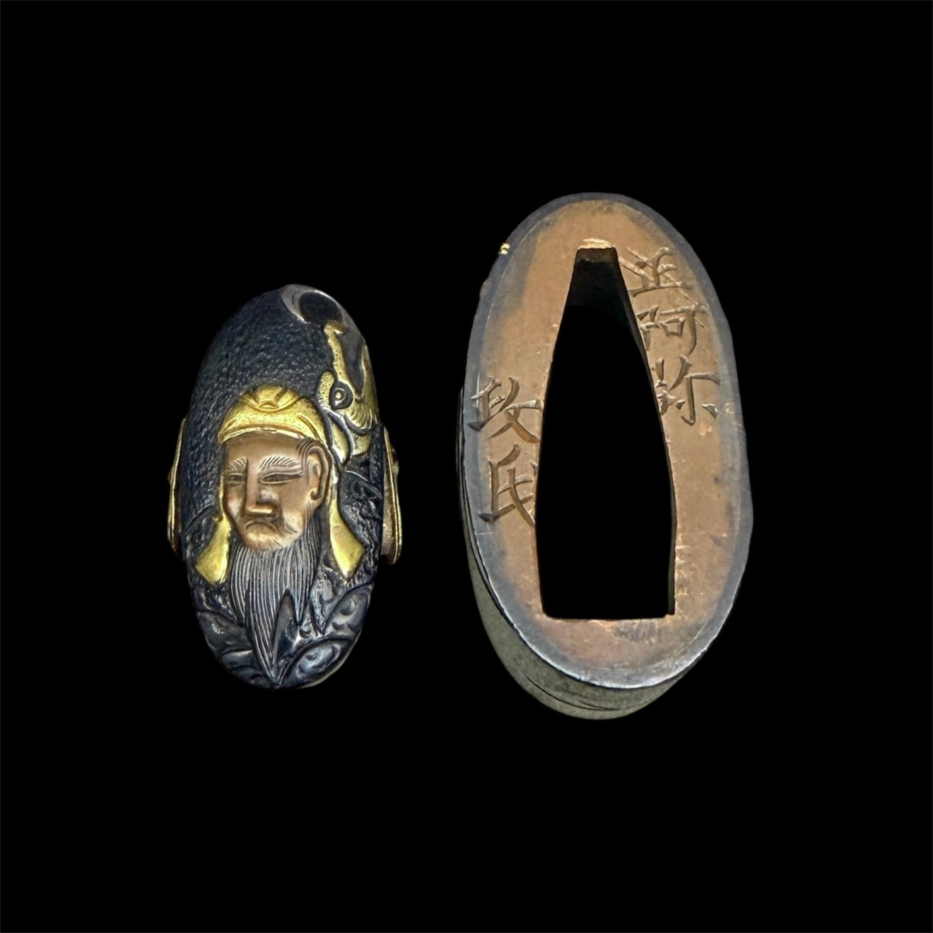 Fuchi-Kashira - Hozon - by Chikami Masa'uji - Hozon Tosogu: 08-125 Chikami Masa'uji Fuchi-Kashira with Chinese Figures and Warrior Design, Signed, Antique Fittings