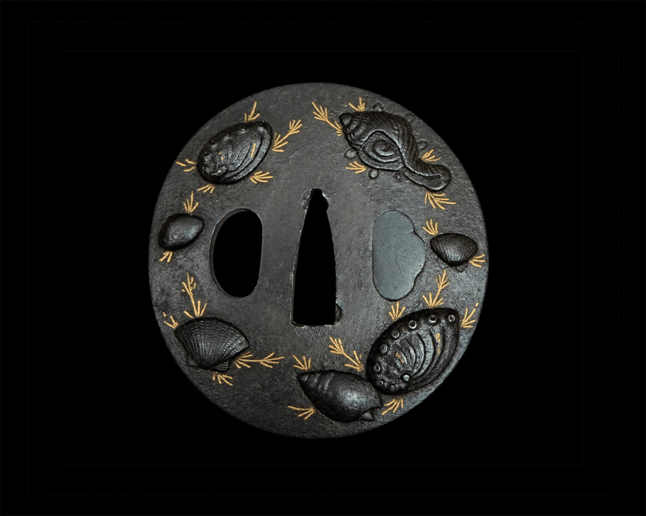 Tsuba - Hozon - by Shoami - Hozon Tosogu: 03-579 Shell Design Gold Inlay Aizu Shoami Tsuba
